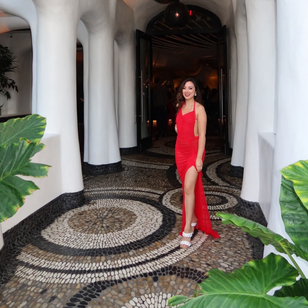 Michael Costello Follie Gown in red — bought on revolve